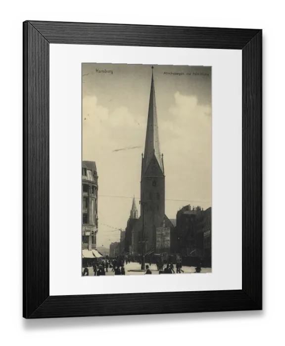 Framed Print : Moenkebergstrasse with Petrikirche, Hamburg, Germany, postcard with text, view around ca 1910, historical, digital reproduction of a historical postcard, public domain, from that time, exact date unknown Framed Print : Moenkebergstrasse with Petrikirche, Hamburg, Germany, postcard with text, view around ca 1910, historical, digital reproduction of a historical postcard, public domain, from that time, exact date unknown