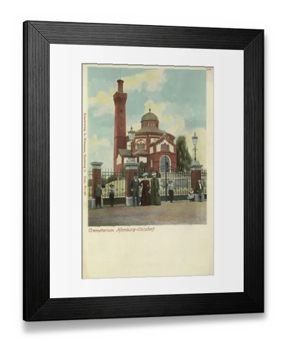 Framed Print : Crematorium in the district of Ohlsdorf, Hamburg, Germany, postcard with text, view around ca 1910, historical, digital reproduction of a historical postcard, public domain, from that time, exact date unknown Framed Print : Crematorium in the district of Ohlsdorf, Hamburg, Germany, postcard with text, view around ca 1910, historical, digital reproduction of a historical postcard, public domain, from that time, exact date unknown