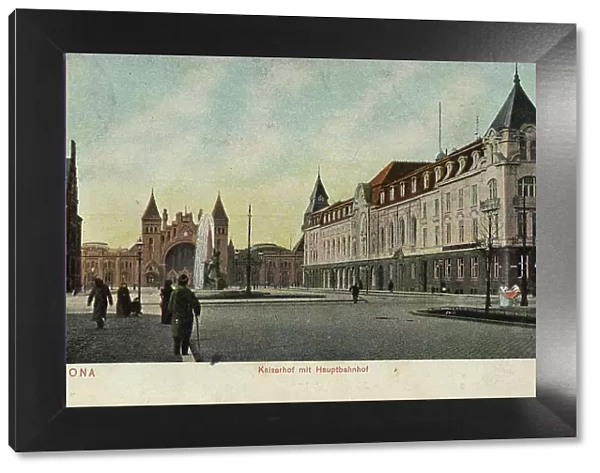 Kaiserhof with main station in Altona, Hamburg, Germany, postcard with text, view around ca 1910, historical, digital reproduction of a historical postcard, public domain, from that time, exact date unknown