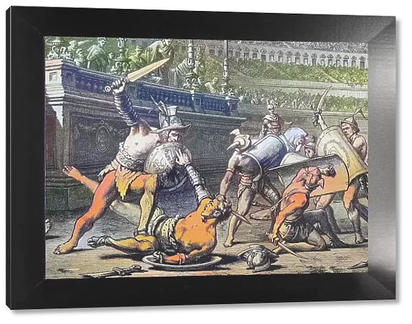 Gladiators fighting in the arena at Pompeii, Italy, Historical, digitally restored reproduction from a 19th century original