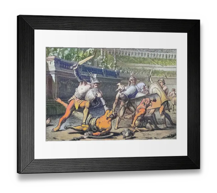 Framed Print : Gladiators fighting in the arena at Pompeii, Italy, Historical, digitally restored reproduction from a 19th century original