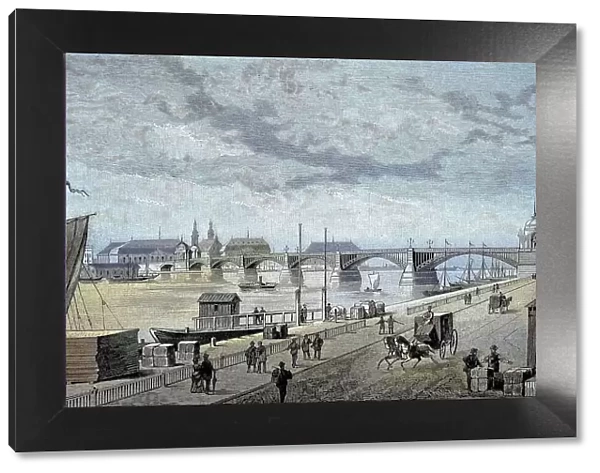 The New Rhine Bridge near Mainz, 1885, Germany, Historical, digitally restored reproduction from a 19th century original