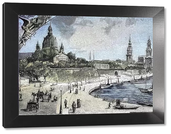 View of the Elbe and Dresden from the Albertsbruecke, Saxony, Germany, Historic, digitally restored reproduction from a 19th century original