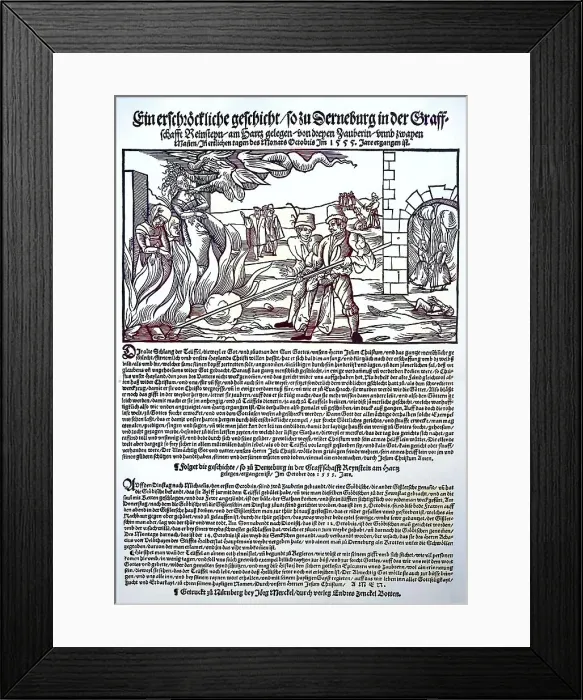 Framed Print : Burning of witches, leaflet from 1555, describing a witch burning in Regenstein am Harz, Germany, Historical, digitally restored reproduction from a 19th century original Framed Print : Burning of witches, leaflet from 1555, describing a witch burning in Regenstein am Harz, Germany, Historical, digitally restored reproduction from a 19th century original