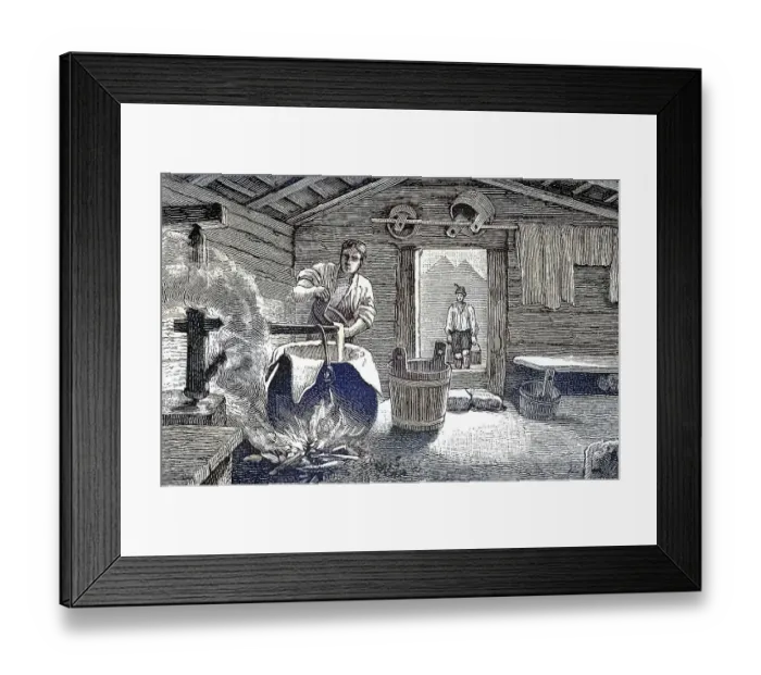Framed Print : Cheese making in an alpine hut in Allgaeu, Bavaria, Germany, Historical, digitally restored reproduction from a 19th century original Framed Print : Cheese making in an alpine hut in Allgaeu, Bavaria, Germany, Historical, digitally restored reproduction from a 19th century original