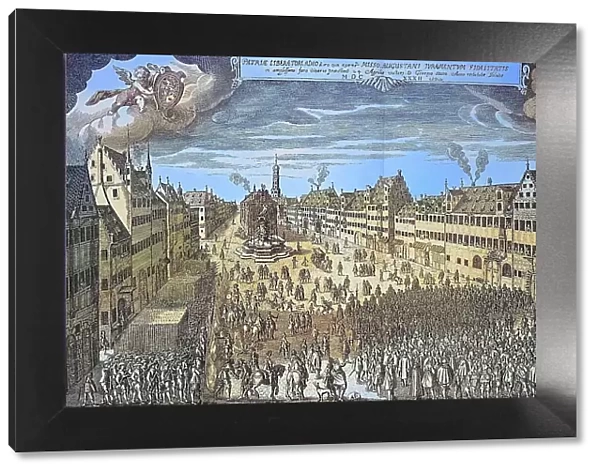 The City of Augsburg pays homage to Gustavus Adolphus of Sweden, Bavaria, Germany, Gustavus II Adolphus, 1594, 1632, Historical, digitally restored reproduction from a 19th century original