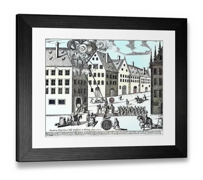 Framed Print : A fire pump, built by Hans Haetsch in Nuremberg, Germany, 1658, Historic, digitally restored reproduction from a 19th century original Framed Print : A fire pump, built by Hans Haetsch in Nuremberg, Germany, 1658, Historic, digitally restored reproduction from a 19th century original