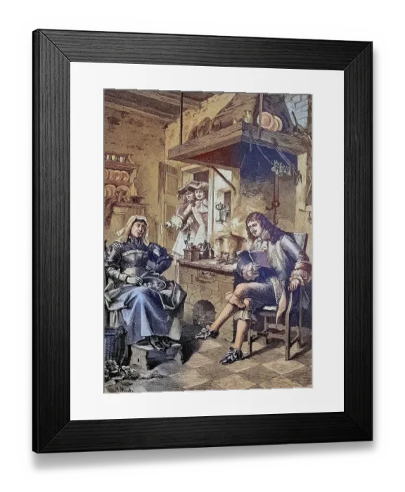 Framed Print : Moliere reading a just written comedy to his maid, Moliere, Jean-Baptiste Poquelin, 1622, 1673, France, Historical, digitally restored reproduction from a 19th century original Framed Print : Moliere reading a just written comedy to his maid, Moliere, Jean-Baptiste Poquelin, 1622, 1673, France, Historical, digitally restored reproduction from a 19th century original