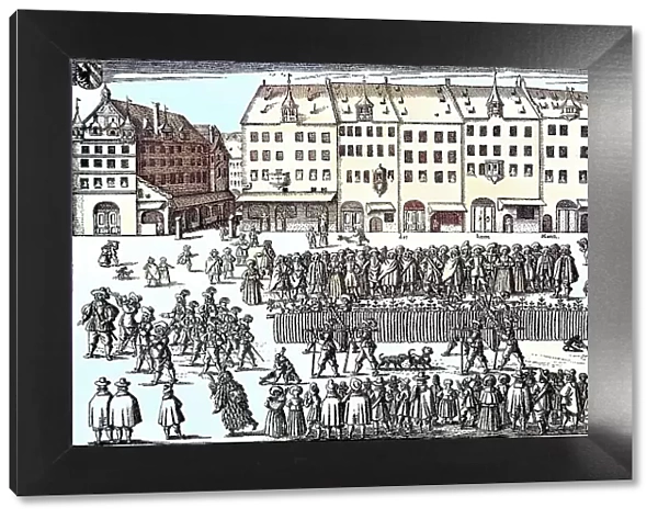 Procession of the butchers in Nuremberg, Germany, 1658, with a 658 cubit long sausage, Historic, digitally restored reproduction from a 19th century original