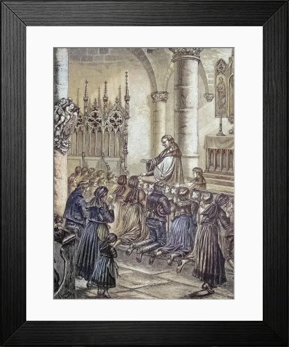 Framed Print : Drawing the ash cross on the forehead of the faithful, custom on Ash Wednesday in Bavaria, Germany, Historic, digitally restored reproduction from a 19th century original