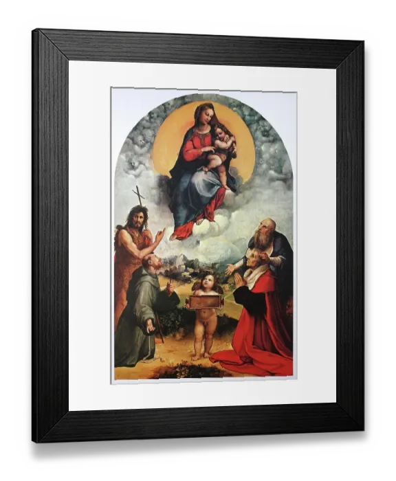 Framed Print : Madonna di Foligno, by Raffaello Sanzio da Urbino, also Raffael da Urbino, Raffaello Santi, Raffaello Sanzio, Raphael, Italian painter, Italy, digitally restored reproduction of a work of art (public domain) from c. 1500 Framed Print : Madonna di Foligno, by Raffaello Sanzio da Urbino, also Raffael da Urbino, Raffaello Santi, Raffaello Sanzio, Raphael, Italian painter, Italy, digitally restored reproduction of a work of art (public domain) from c. 1500