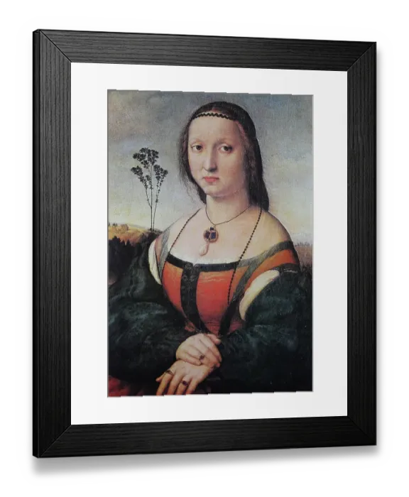Framed Print : Portrait of Maddalena Doni, by Raffaello Sanzio da Urbino, also Raffael da Urbino, Raffaello Santi, Raffaello Sanzio, Raffael, Italian painter, Italy, digitally restored reproduction of a work of art (public domain) from c. 1500 Framed Print : Portrait of Maddalena Doni, by Raffaello Sanzio da Urbino, also Raffael da Urbino, Raffaello Santi, Raffaello Sanzio, Raffael, Italian painter, Italy, digitally restored reproduction of a work of art (public domain) from c. 1500