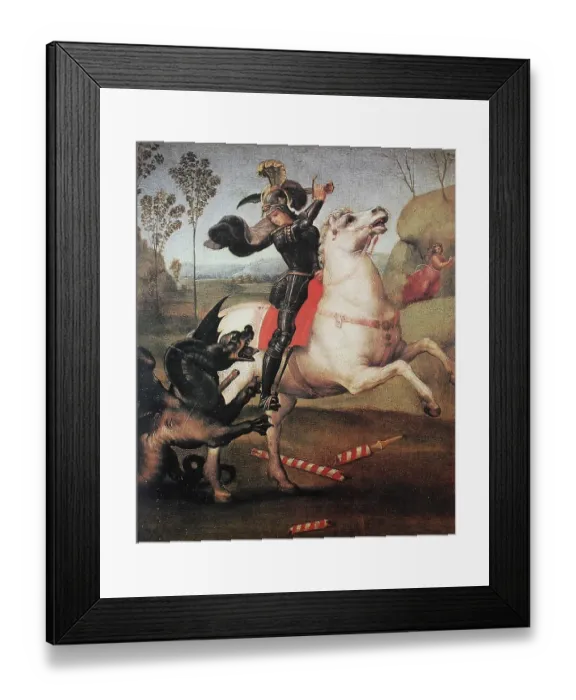 Framed Print : St. George Fighting the Dragon, by Raffaello Sanzio da Urbino, also Raphael da Urbino, Raffaello Santi, Raffaello Sanzio, Raphael, Italian painter, Italy, digitally restored reproduction of a work of art (public domain) from c. 1500 Framed Print : St. George Fighting the Dragon, by Raffaello Sanzio da Urbino, also Raphael da Urbino, Raffaello Santi, Raffaello Sanzio, Raphael, Italian painter, Italy, digitally restored reproduction of a work of art (public domain) from c. 1500