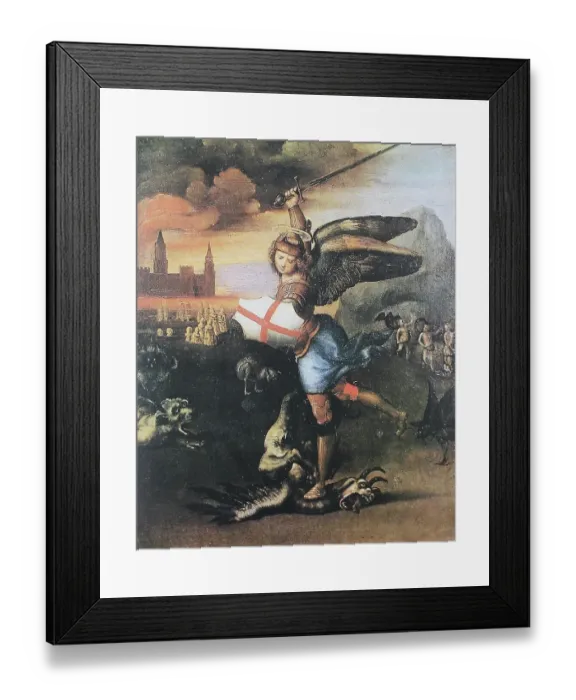 Framed Print : Saint Michael Defeats the Dragon, by Raffaello Sanzio da Urbino, also Raphael da Urbino, Raffaello Santi, Raffaello Sanzio, Raphael, Italian painter, Italy, digitally restored reproduction of a work of art (public domain) from ca 1500 Framed Print : Saint Michael Defeats the Dragon, by Raffaello Sanzio da Urbino, also Raphael da Urbino, Raffaello Santi, Raffaello Sanzio, Raphael, Italian painter, Italy, digitally restored reproduction of a work of art (public domain) from ca 1500