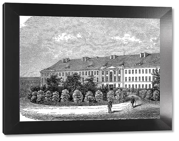 The building of the Berlin Charite, Germany, the Charite, Universitaetsmedizin Berlin is a large teaching hospital in Berlin, digitally restored reproduction of an original 19th century painting, exact original date unknown