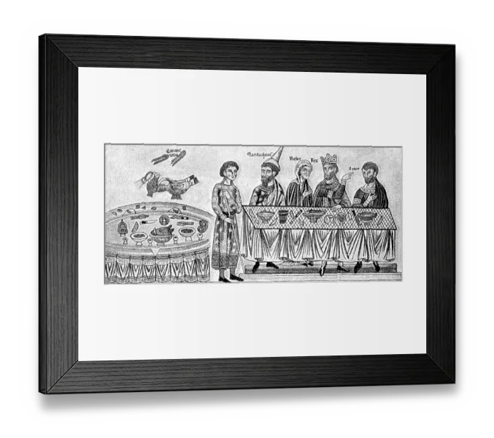 Framed Print : From courtly life at the time of Emperor Frederick I. Princely dining party, In the dining room the courtly party held court, from the illuminated manuscript, Hortus deliciarum, Lustgarten, Germany, executed c Framed Print : From courtly life at the time of Emperor Frederick I. Princely dining party, In the dining room the courtly party held court, from the illuminated manuscript, Hortus deliciarum, Lustgarten, Germany, executed c