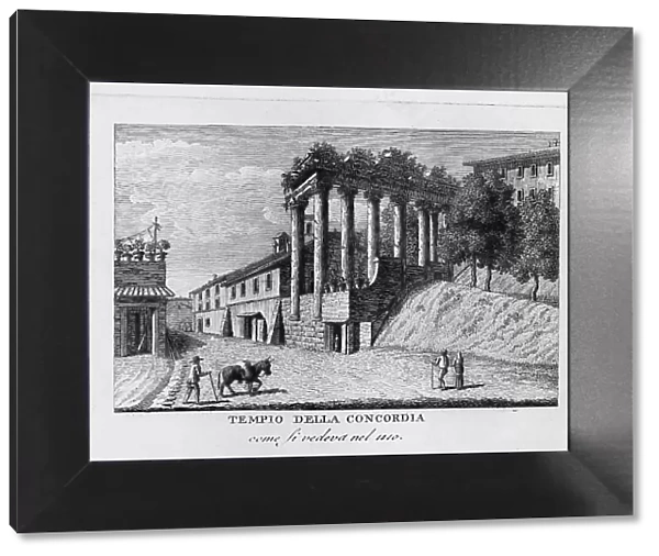 Temple of Concordia in Rome is located on the western narrow side of the Roman Forum next to the Temple of Vespasian, Tempio della concordia, Italy, digitally restored reproduction from Vedute principali e piu interessanti di Roma by Giovanni