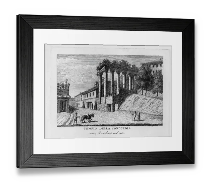 Framed Print : Temple of Concordia in Rome is located on the western narrow side of the Roman Forum next to the Temple of Vespasian, Tempio della concordia, Italy, digitally restored reproduction from Vedute principali e piu interessanti di Roma by Giovanni Framed Print : Temple of Concordia in Rome is located on the western narrow side of the Roman Forum next to the Temple of Vespasian, Tempio della concordia, Italy, digitally restored reproduction from Vedute principali e piu interessanti di Roma by Giovanni