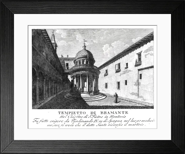 Framed Print : Tempietto di Bramante, little temple of Bramante, a small circular temple in a courtyard of the former monastery of San Pietro in Montorio in Rome, Italy, digitally restored reproduction from Vedute principali e piu interessanti di Roma by Giovanni Framed Print : Tempietto di Bramante, little temple of Bramante, a small circular temple in a courtyard of the former monastery of San Pietro in Montorio in Rome, Italy, digitally restored reproduction from Vedute principali e piu interessanti di Roma by Giovanni