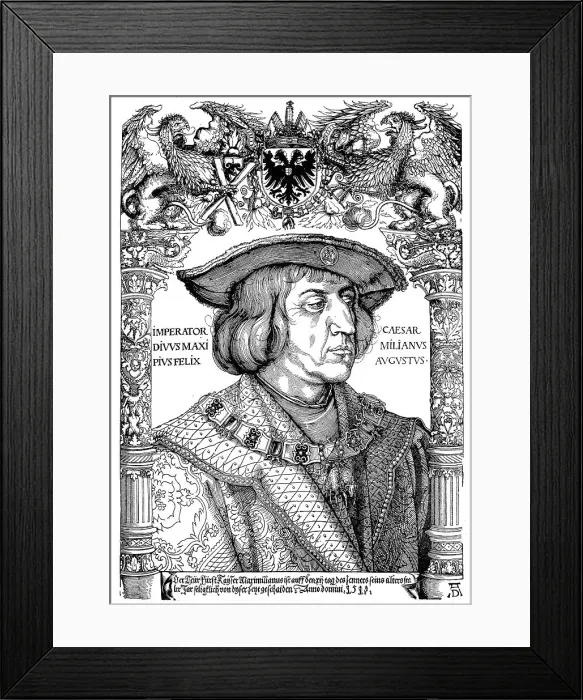 Framed Print : Emperor Maximilian I. Facsimile after a woodcut by Albrecht Duerer, Germany, Maximilian I. 1459, 1519, was King of the Romans, also known as King of the Germans, from 1486, and Emperor of the Holy Roman Empire from 1493 until his death Framed Print : Emperor Maximilian I. Facsimile after a woodcut by Albrecht Duerer, Germany, Maximilian I. 1459, 1519, was King of the Romans, also known as King of the Germans, from 1486, and Emperor of the Holy Roman Empire from 1493 until his death