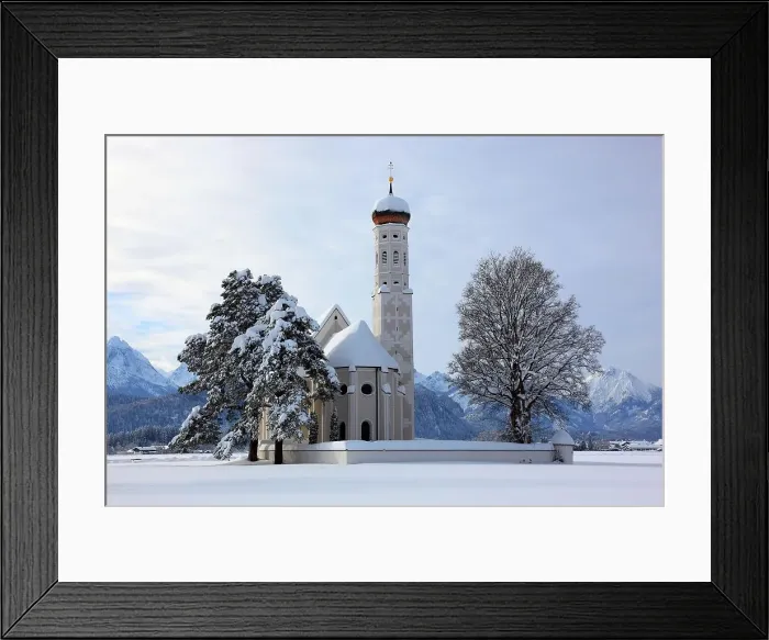 Framed Print : The baroque Coloman Church, St. Coloman, in winter in a landscape covered in deep snow, near Schwangau, Oestallgaeu, Swabia, Bavaria, Germany Framed Print : The baroque Coloman Church, St. Coloman, in winter in a landscape covered in deep snow, near Schwangau, Oestallgaeu, Swabia, Bavaria, Germany