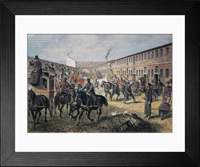 Framed Print : Coach depot in Berlin, Germany, historical woodcut, circa 1870, digitally restored reproduction of an original 19th century print, exact original date unknown, coloured Framed Print : Coach depot in Berlin, Germany, historical woodcut, circa 1870, digitally restored reproduction of an original 19th century print, exact original date unknown, coloured