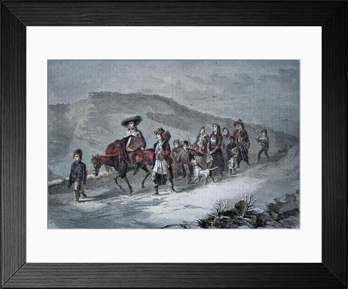 Framed Print : Gypsy Burial in Transylvania, Romania, historical woodcut, circa 1870, digitally restored reproduction of an original 19th century print, exact original date unknown, coloured Framed Print : Gypsy Burial in Transylvania, Romania, historical woodcut, circa 1870, digitally restored reproduction of an original 19th century print, exact original date unknown, coloured