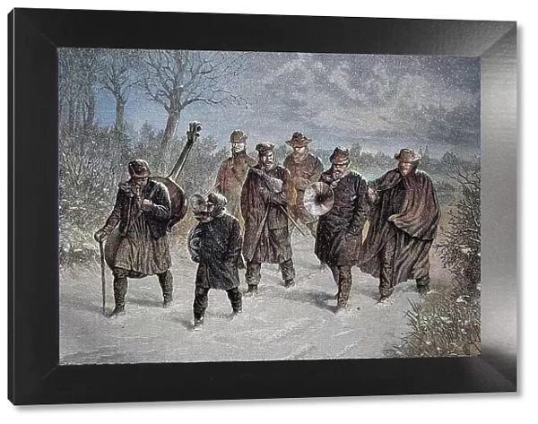 Musikkapelle im Schnee, Germany, historical woodcut, circa 1870, digitally restored reproduction of an original 19th century print, exact original date unknown, coloured