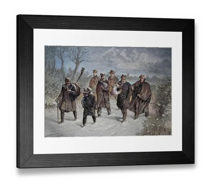 Framed Print : Musikkapelle im Schnee, Germany, historical woodcut, circa 1870, digitally restored reproduction of an original 19th century print, exact original date unknown, coloured Framed Print : Musikkapelle im Schnee, Germany, historical woodcut, circa 1870, digitally restored reproduction of an original 19th century print, exact original date unknown, coloured