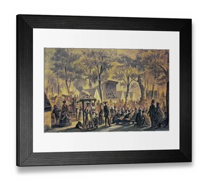 Framed Print : Campmeeting of the Methodists near Philadelphia, USA, historical woodcut, circa 1870, digitally restored reproduction of an original from the 19th century, exact original date unknown, coloured Framed Print : Campmeeting of the Methodists near Philadelphia, USA, historical woodcut, circa 1870, digitally restored reproduction of an original from the 19th century, exact original date unknown, coloured