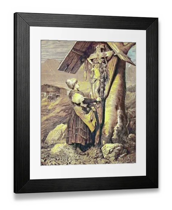 Framed Print : Woman in front of a field cross in the Alps, Austria, historical woodcut, circa 1870, digitally restored reproduction of an original from the 19th century, exact original date not known, coloured Framed Print : Woman in front of a field cross in the Alps, Austria, historical woodcut, circa 1870, digitally restored reproduction of an original from the 19th century, exact original date not known, coloured