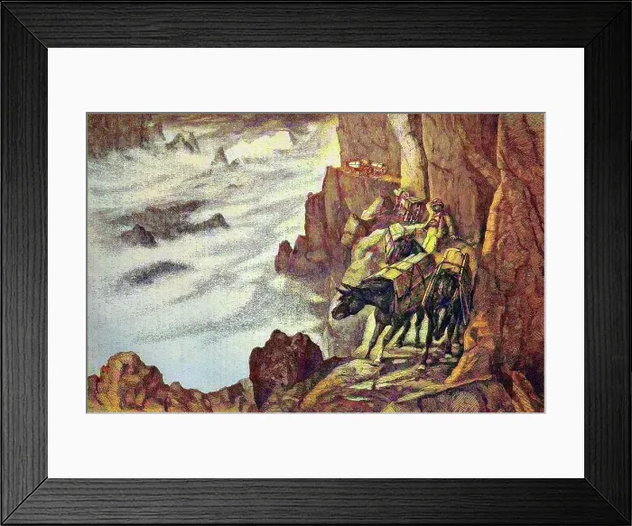 Framed Print : Smugglers in the mountains on a mule track, Italy, historical woodcut, circa 1870, digitally restored reproduction of an original 19th century print, exact original date unknown, coloured Framed Print : Smugglers in the mountains on a mule track, Italy, historical woodcut, circa 1870, digitally restored reproduction of an original 19th century print, exact original date unknown, coloured