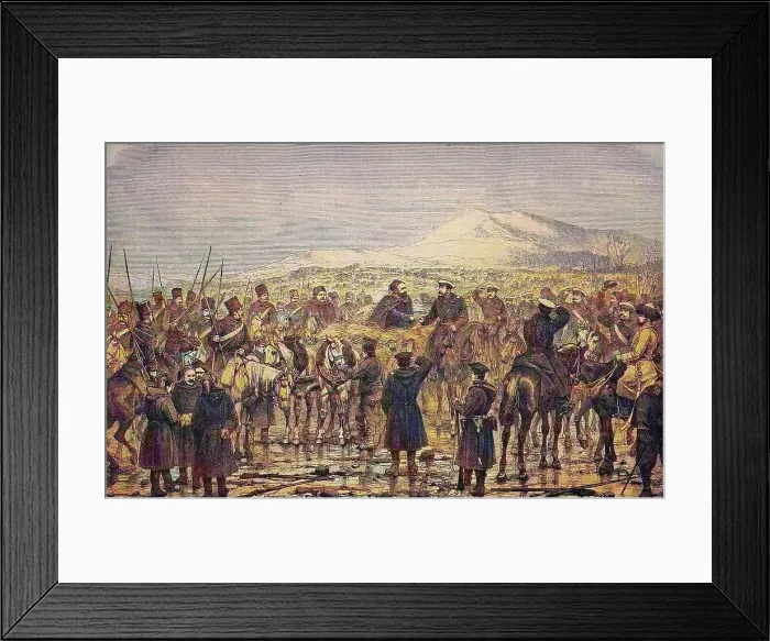 Framed Print : Meeting of Osman Pasha with the Grand Duke after the surrender of Plewna, Bulgaria, historical woodcut, circa 1870, digitally restored reproduction of a 19th century original, exact original date unknown, coloured Framed Print : Meeting of Osman Pasha with the Grand Duke after the surrender of Plewna, Bulgaria, historical woodcut, circa 1870, digitally restored reproduction of a 19th century original, exact original date unknown, coloured