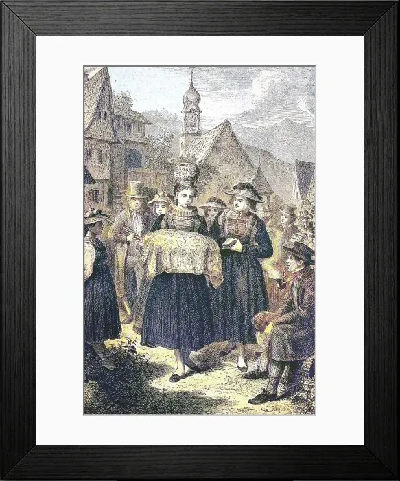Framed Print : Christening of a child in the Gutachtal, Black Forest, Germany, historical woodcut, circa 1870, digitally restored reproduction of an original 19th century print, exact original date unknown, coloured Framed Print : Christening of a child in the Gutachtal, Black Forest, Germany, historical woodcut, circa 1870, digitally restored reproduction of an original 19th century print, exact original date unknown, coloured