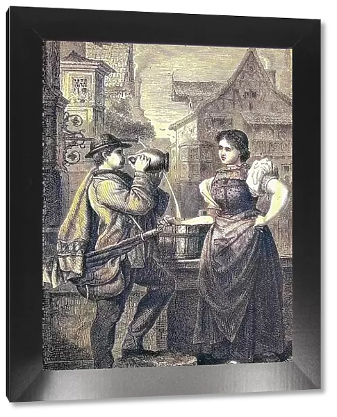 Wandering journeyman in Rottweil, Baden-Wuerttemberg, Germany, historical woodcut, circa 1870, digitally restored reproduction of an original 19th century print, exact original date unknown, coloured