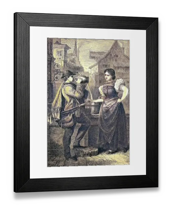 Framed Print : Wandering journeyman in Rottweil, Baden-Wuerttemberg, Germany, historical woodcut, circa 1870, digitally restored reproduction of an original 19th century print, exact original date unknown, coloured Framed Print : Wandering journeyman in Rottweil, Baden-Wuerttemberg, Germany, historical woodcut, circa 1870, digitally restored reproduction of an original 19th century print, exact original date unknown, coloured
