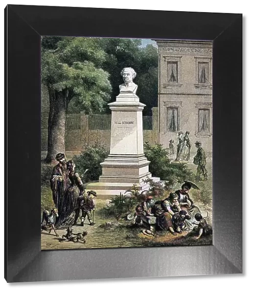 The Schadow Monument in Duesseldorf, North Rhine-Westphalia, Germany, historical woodcut, circa 1870, digitally restored reproduction of a 19th century original, exact original date unknown, coloured