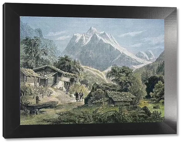 The Wetterhorn on the way from Interlaken to Grindelwald, Switzerland, historical wood engraving, c. 1880, digitally restored reproduction of a 19th century original, exact original date unknown, coloured