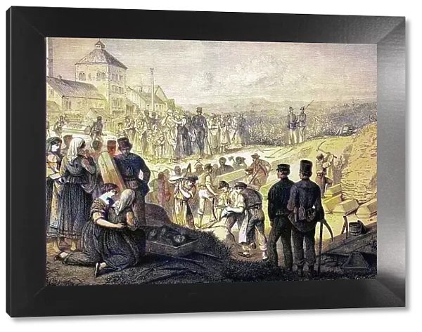 Burial of the victims at the Segengottesschacht of Burgk, Thuringia, Germany, historical wood engraving, c. 1880, digitally restored reproduction of a 19th century original, exact original date unknown, coloured