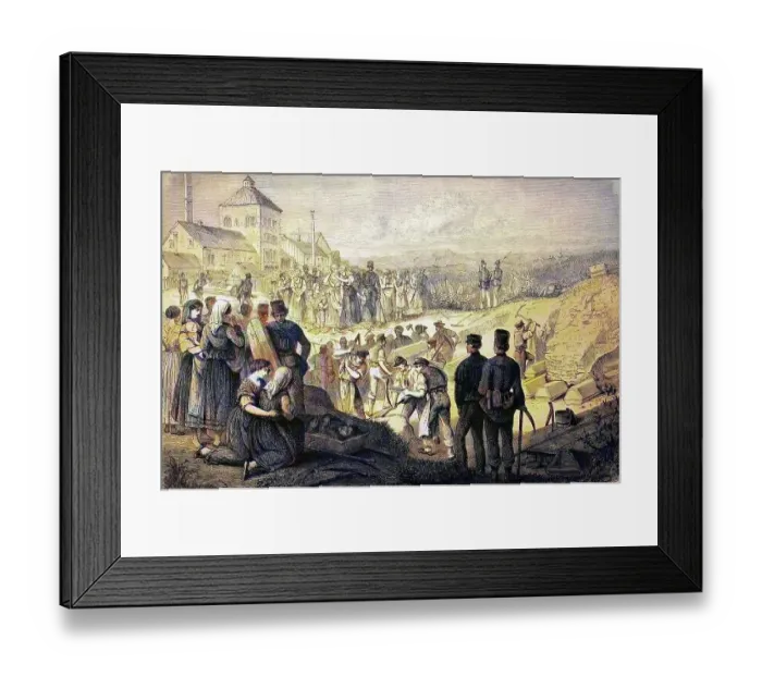 Framed Print : Burial of the victims at the Segengottesschacht of Burgk, Thuringia, Germany, historical wood engraving, c. 1880, digitally restored reproduction of a 19th century original, exact original date unknown, coloured