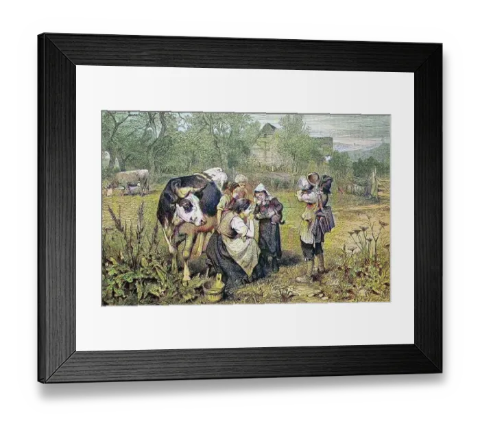 Framed Print : Savoyard children with cow, Savoy, France, historical wood engraving, c. 1880, digitally restored reproduction of a 19th century original, exact original date not known, coloured Framed Print : Savoyard children with cow, Savoy, France, historical wood engraving, c. 1880, digitally restored reproduction of a 19th century original, exact original date not known, coloured