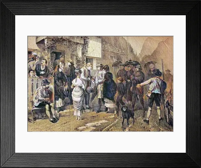 Framed Print : Rainy day in the Bavarian Alps, Bavaria, Germany, historical wood engraving, c. 1880, digitally restored reproduction of a 19th century original, exact original date not known, coloured Framed Print : Rainy day in the Bavarian Alps, Bavaria, Germany, historical wood engraving, c. 1880, digitally restored reproduction of a 19th century original, exact original date not known, coloured