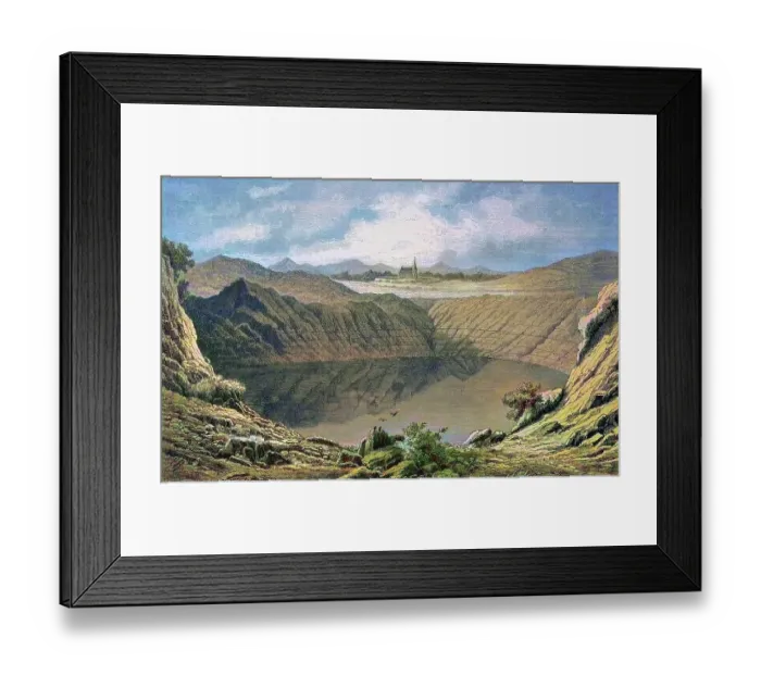 Framed Print : The Weinfelder Maar in the Eifel, Rhineland-Palatinate, Germany, historical wood engraving, c. 1880, digitally restored reproduction of a 19th century original, exact original date unknown, coloured Framed Print : The Weinfelder Maar in the Eifel, Rhineland-Palatinate, Germany, historical wood engraving, c. 1880, digitally restored reproduction of a 19th century original, exact original date unknown, coloured