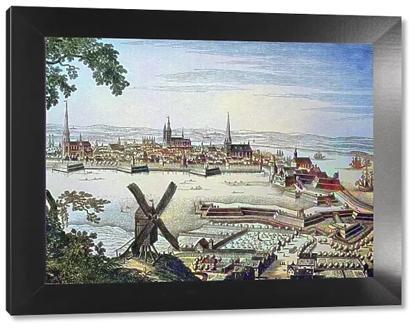 Stralsund during the 30 Years War, Mecklenburg-Western Pomerania, Germany, historical wood engraving, ca. 1880, digitally restored reproduction of a 19th century original, exact original date not known, coloured