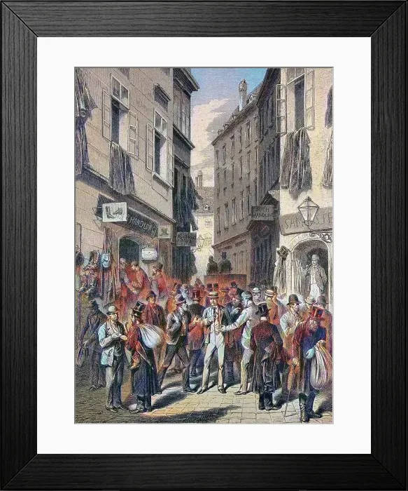 Framed Print : Die Judengasse in Wien, Austria, historical wood engraving, ca. 1880, digitally restored reproduction of a 19th century original, exact original date unknown, coloured Framed Print : Die Judengasse in Wien, Austria, historical wood engraving, ca. 1880, digitally restored reproduction of a 19th century original, exact original date unknown, coloured