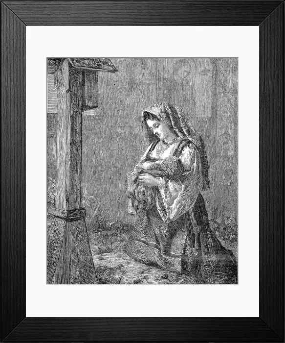 Framed Print : The Young Mother's Prayer for Her Baby in Front of a Cross, 1869, France, Historic, digitally restored reproduction of an original 19th century print, exact original date unknown Framed Print : The Young Mother's Prayer for Her Baby in Front of a Cross, 1869, France, Historic, digitally restored reproduction of an original 19th century print, exact original date unknown