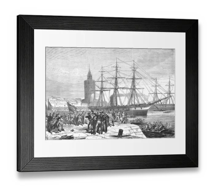 Framed Print : Docking of a ship and disembarkation of the crew, Cadiz, 1869, Spain, Historic, digitally restored reproduction of an original 19th century painting, exact original date unknown Framed Print : Docking of a ship and disembarkation of the crew, Cadiz, 1869, Spain, Historic, digitally restored reproduction of an original 19th century painting, exact original date unknown