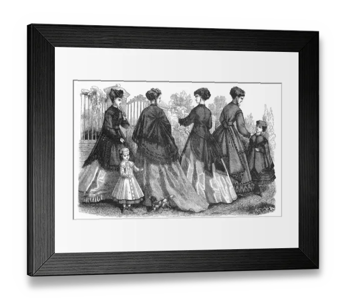 Framed Print : Four woman and two girls in the latest spring fashions, costumes and ready-to-wear by Madame Mary-Moison, shawls for dresses from the Malle des Indes shops, Marie Antoinette petticoats by Madame Bouland, 1869, France, Historic, digitally restored Framed Print : Four woman and two girls in the latest spring fashions, costumes and ready-to-wear by Madame Mary-Moison, shawls for dresses from the Malle des Indes shops, Marie Antoinette petticoats by Madame Bouland, 1869, France, Historic, digitally restored