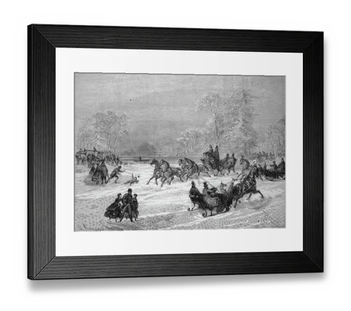 Framed Print : Sleigh Rides in Bois de Boulogne, Horse-drawn Sleighs and Skaters on the Frozen River, 1869, France, Historic, digitally restored reproduction of a 19th century original, exact original date unknown