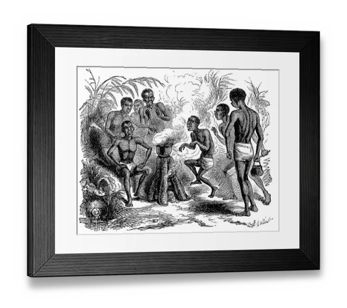 Framed Print : The use of fire for cooking among the natives, 1869, Uganda, Historic, digitally restored reproduction of a 19th century original, exact original date unknown